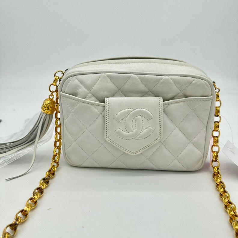 Vintage Chanel White Lambskin Quilted Camera Chain Bag.