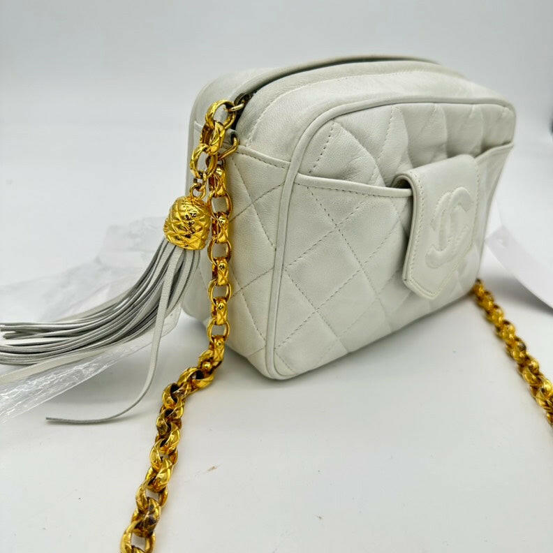 Vintage Chanel White Lambskin Quilted Camera Chain Bag