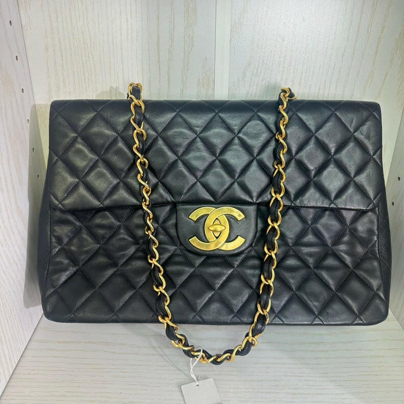 Vintage Chanel Black Lambskin Single Flap Maxi Quilted Shoulder Bag.