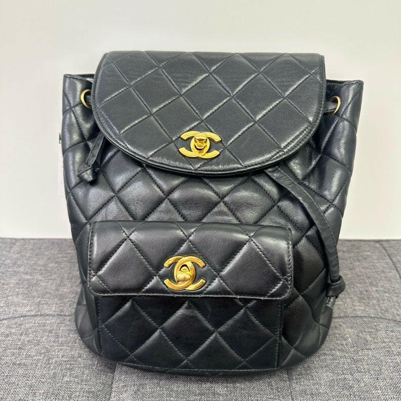 Chanel Vintage Black Lambskin Double Turn-Lock Backpack Medium.