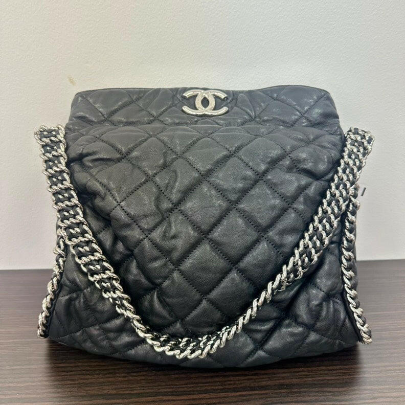 Chanel Black Leather Chain Shoulder Bag - Classic Quilted Medium Size Handbag.