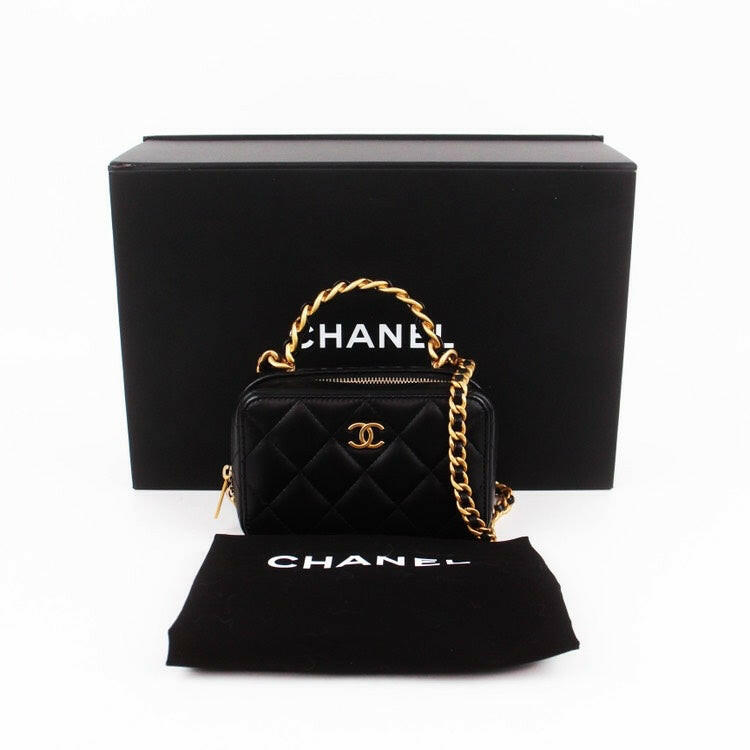 Chanel 22A Black Quilted Leather Crossbody Bag with Gold Chain Handle.