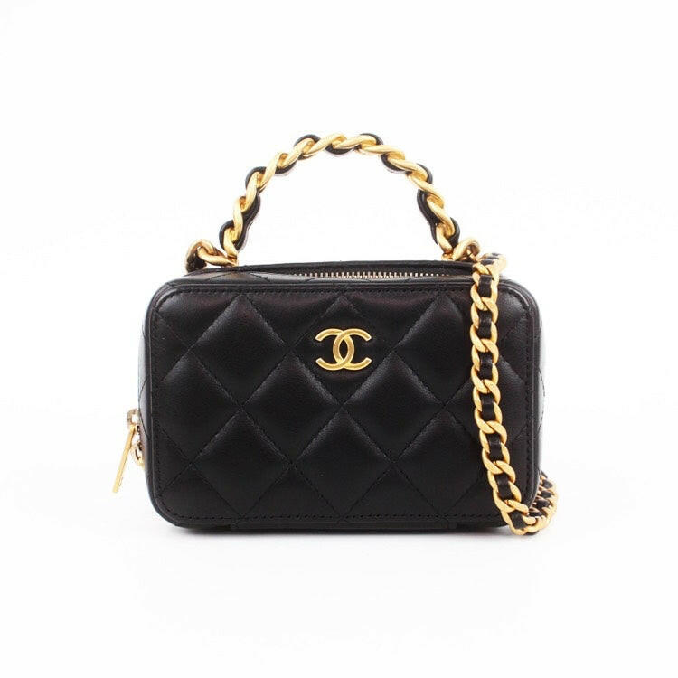 Chanel 22A Black Quilted Leather Crossbody Bag with Gold Chain Handle