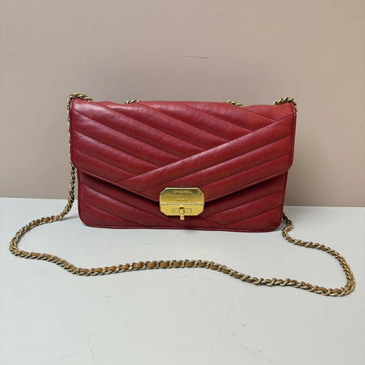 Chanel 2.55 Calfskin Single Flap Bag Red Medium Size with Gold Chain Strap