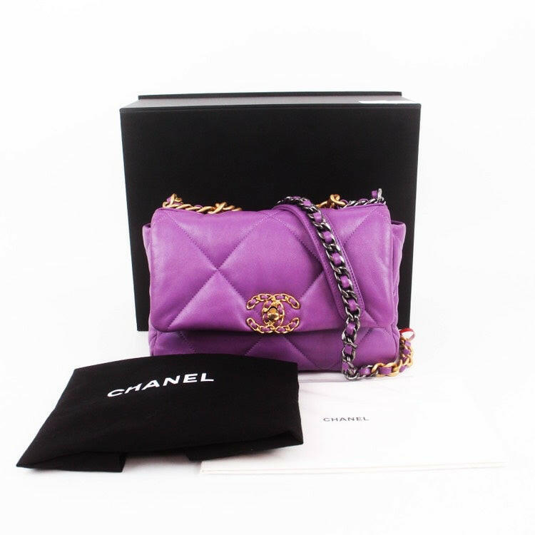 Chanel 19 Bag Small Purple 2021-2023 Quilted Leather with Chain Strap.