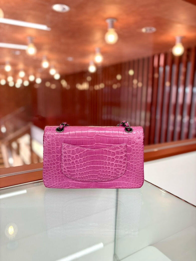 Chanel Medium Classic Flap Pink Croc Leather Handbag with Silver Hardware and Dust Bag