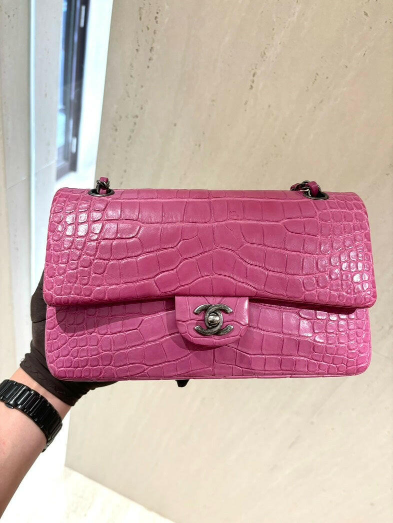 Chanel Medium Classic Flap Pink Croc Leather Handbag with Silver Hardware and Dust Bag