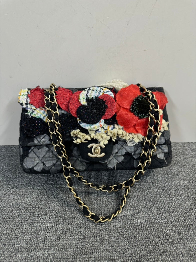 Chanel Rare Runway CF Medium Black Floral Embellished Quilted Handbag