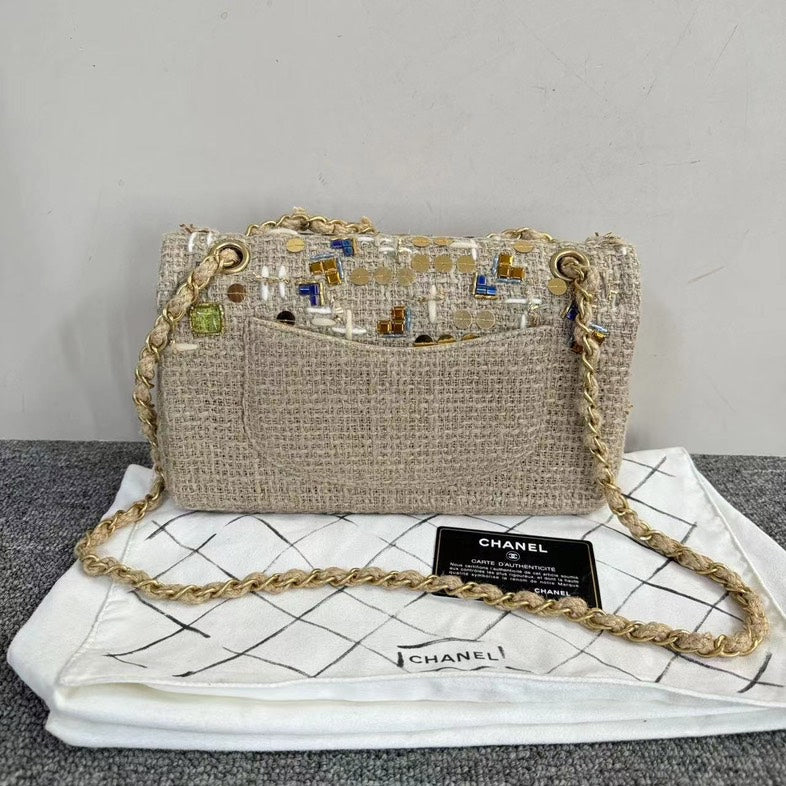 Chanel Classic Flap Limited Edition Beige Multicolor Tweed Medium Size Handbag