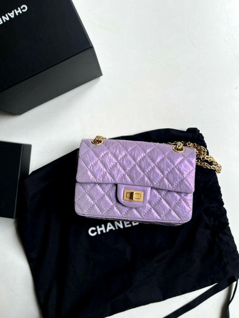 Chanel 2.55 Mini Reissue Metallic Lilac Handbag with Golden Hardware, Microchipped with Dust Bag.