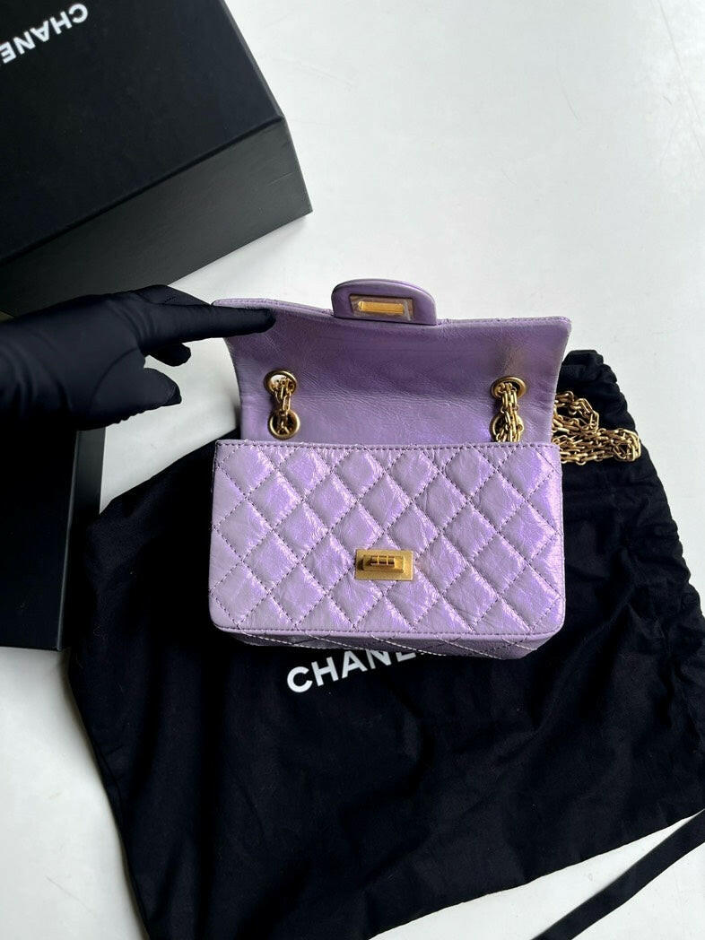 Chanel 2.55 Mini Reissue Metallic Lilac Handbag with Golden Hardware, Microchipped with Dust Bag