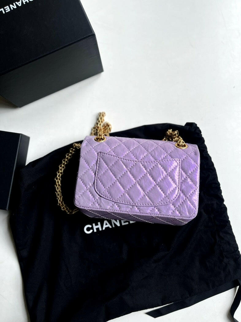 Chanel 2.55 Mini Reissue Metallic Lilac Handbag with Golden Hardware, Microchipped with Dust Bag