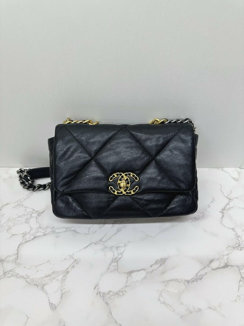 Chanel 19 Small Flap Bag Black Quilted Leather Gold Chain, Card and Dust Bag Included.