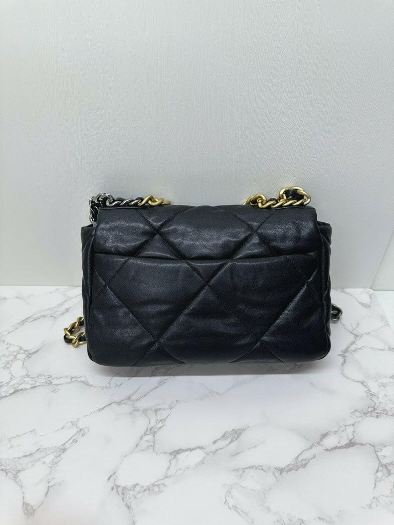 Chanel 19 Small Flap Bag Black Quilted Leather Gold Chain, Card and Dust Bag Included