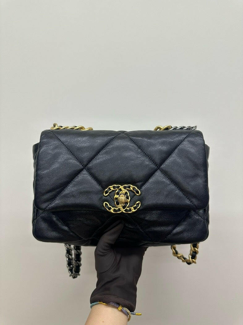 Chanel 19 Small Flap Bag Black Quilted Leather Gold Chain, Card and Dust Bag Included