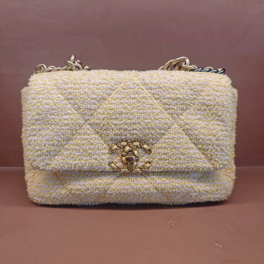 Chanel 19 Flap Bag Quilted Wool Small Yellow