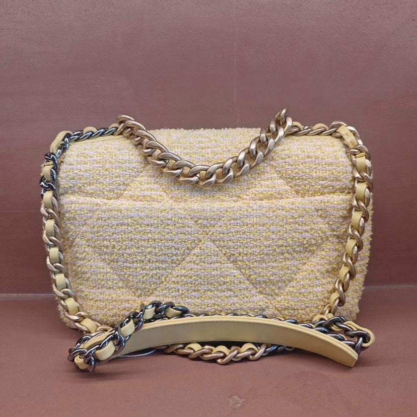 Chanel 19 Flap Bag Quilted Wool Small Yellow