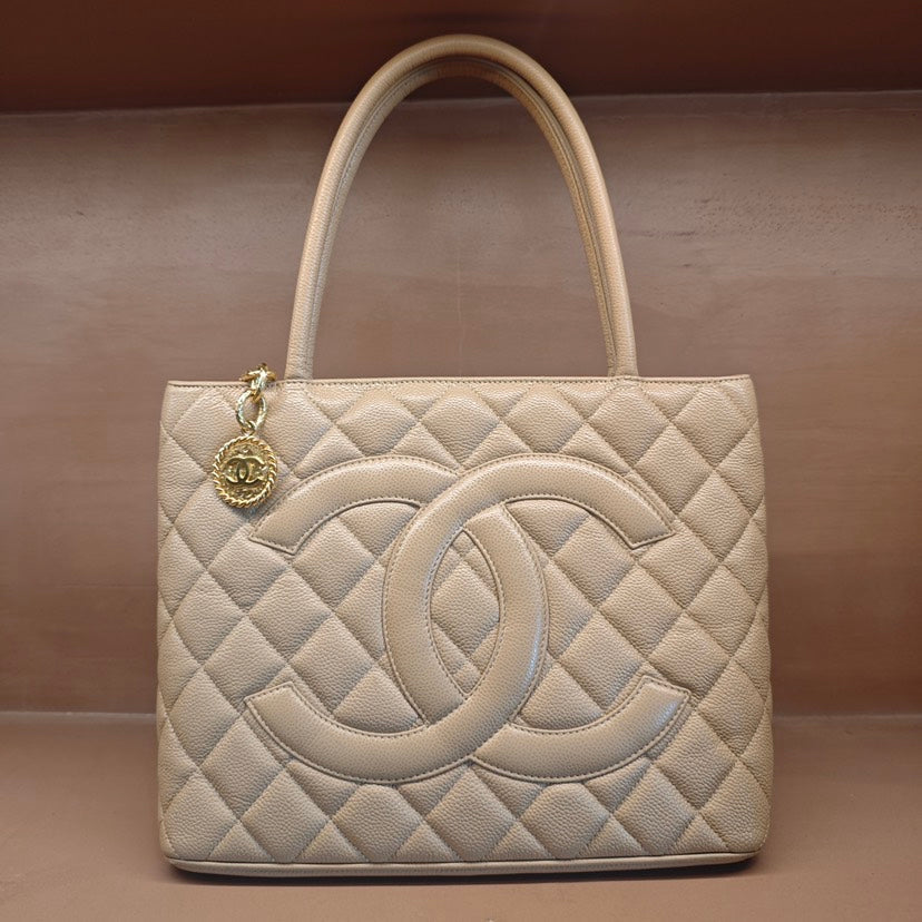 Chanel Medallion Tote Beige Quilted Caviar Leather Large Handbag