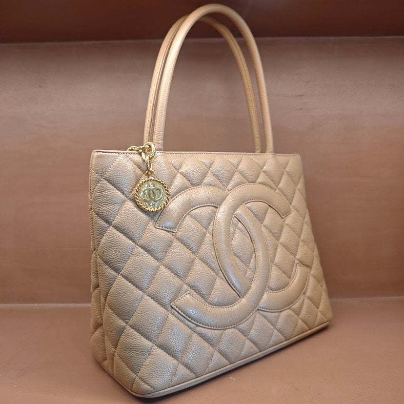 Chanel Medallion Tote Beige Quilted Caviar Leather Large Handbag