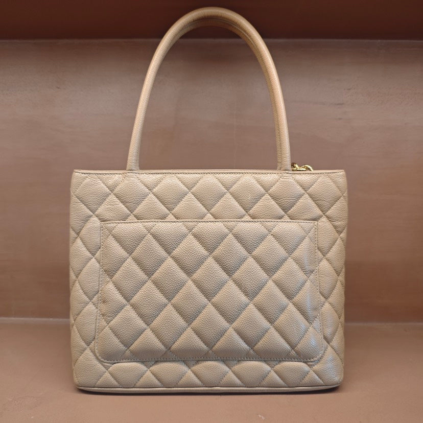 Chanel Medallion Tote Beige Quilted Caviar Leather Large Handbag