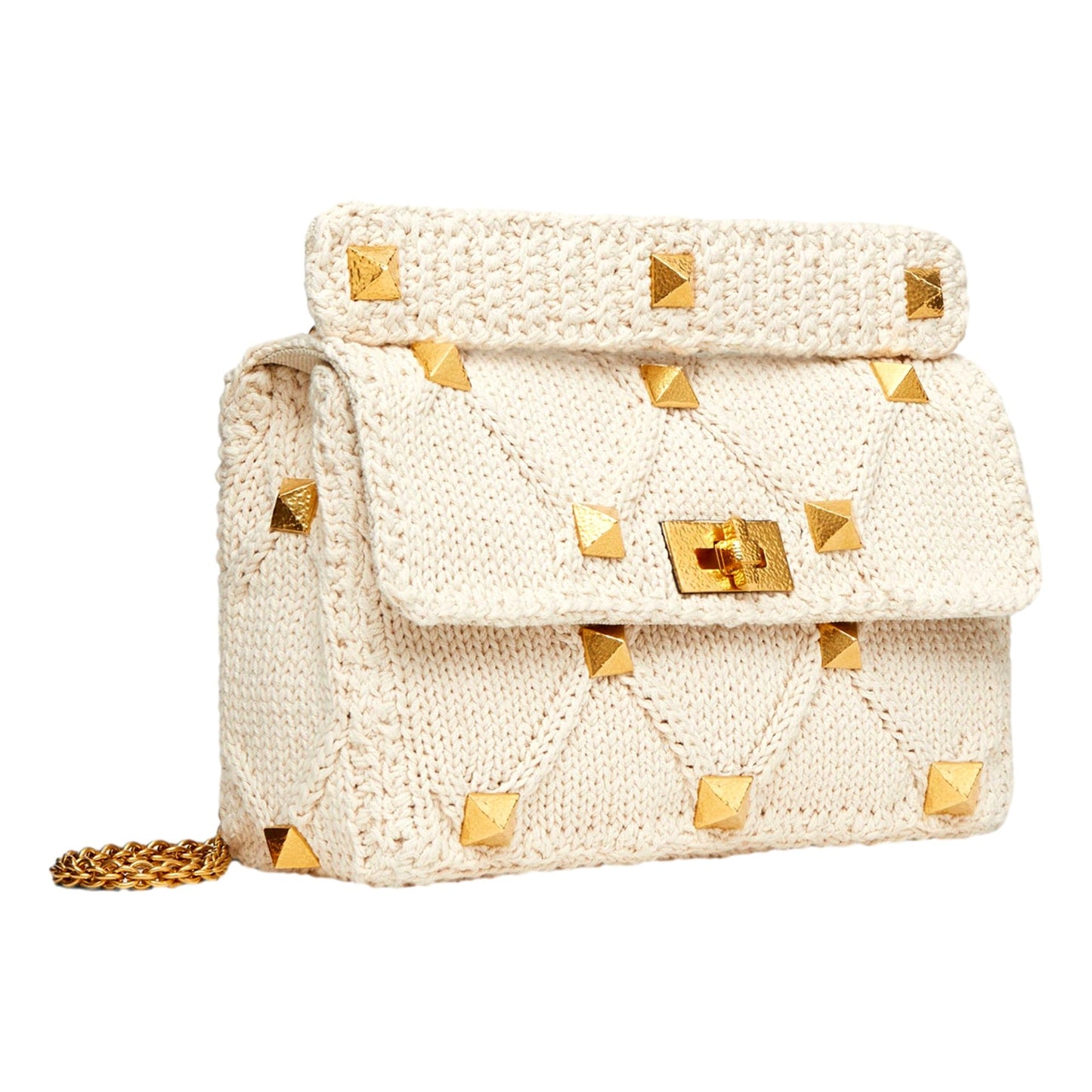 Valentino Garavani Roman Stud Large Shoulder Bag Ivory Knit Cashmere