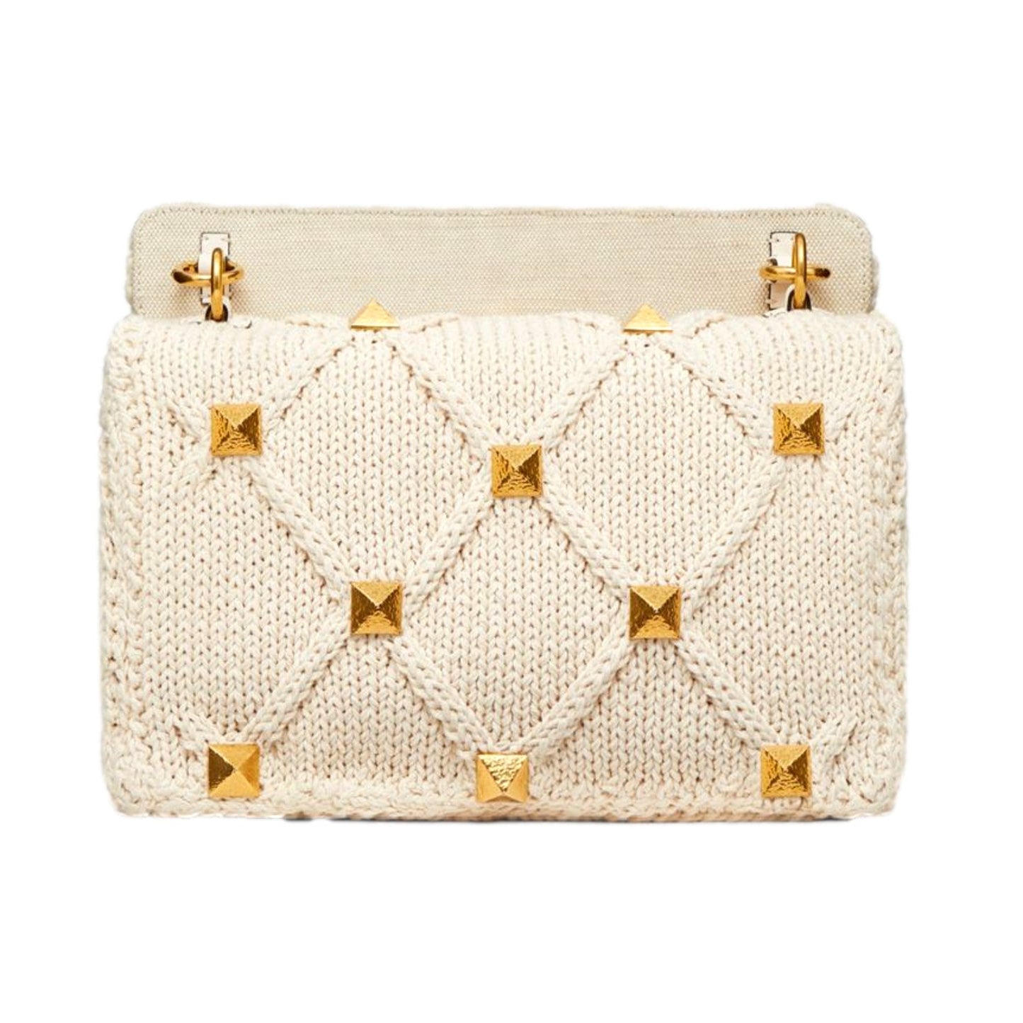 Valentino Garavani Roman Stud Large Shoulder Bag Ivory Knit Cashmere