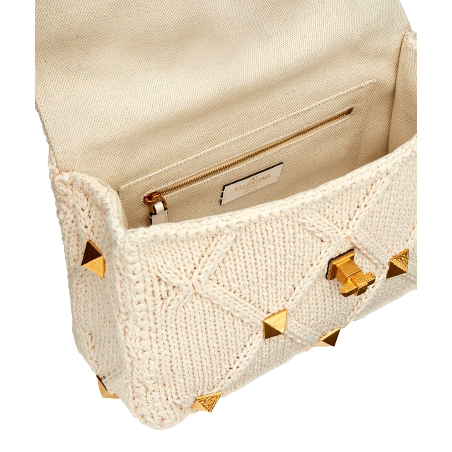 Valentino Garavani Roman Stud Large Shoulder Bag Ivory Knit Cashmere