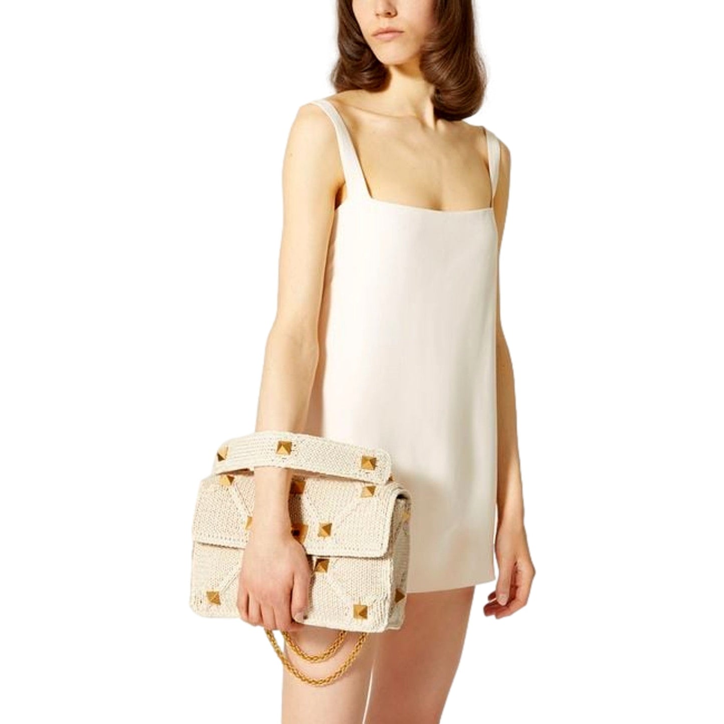 Valentino Garavani Roman Stud Large Shoulder Bag Ivory Knit Cashmere