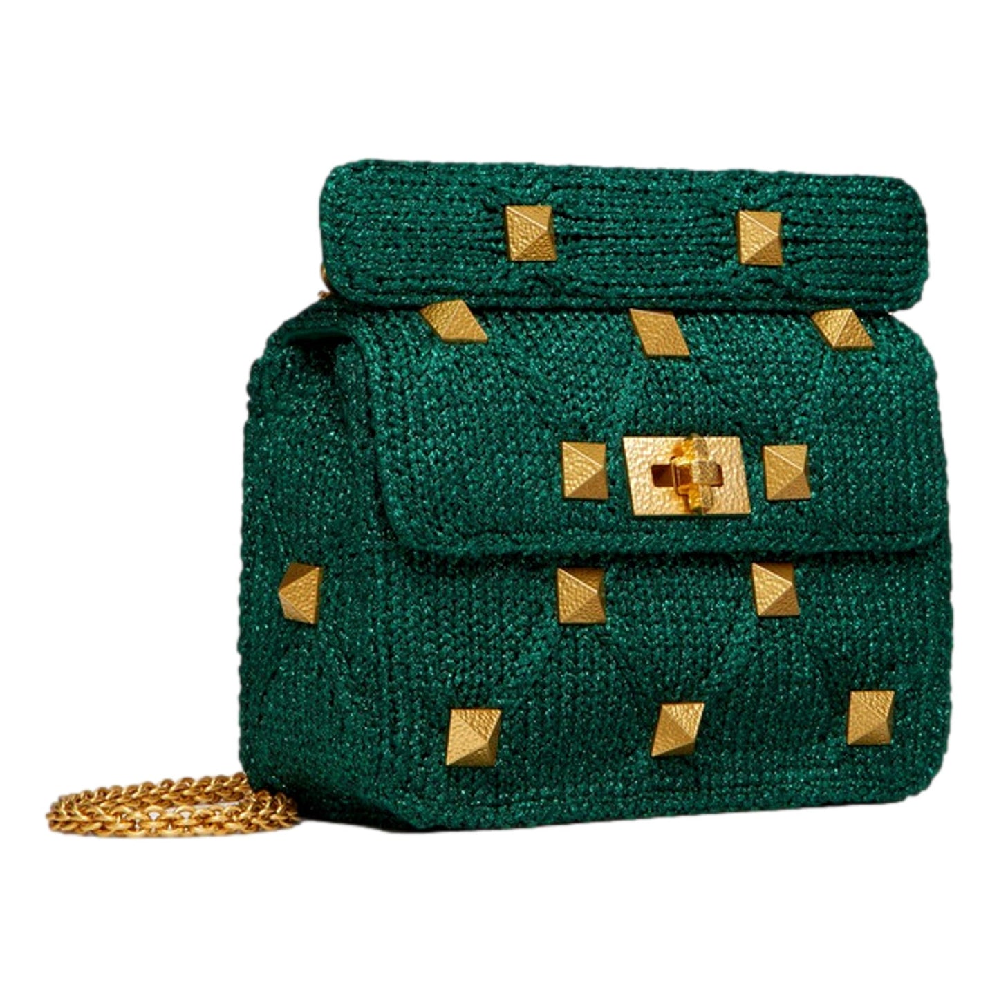 Valentino Garavani Roman Stud Medium Shoulder Bag Metallic Green Lurex