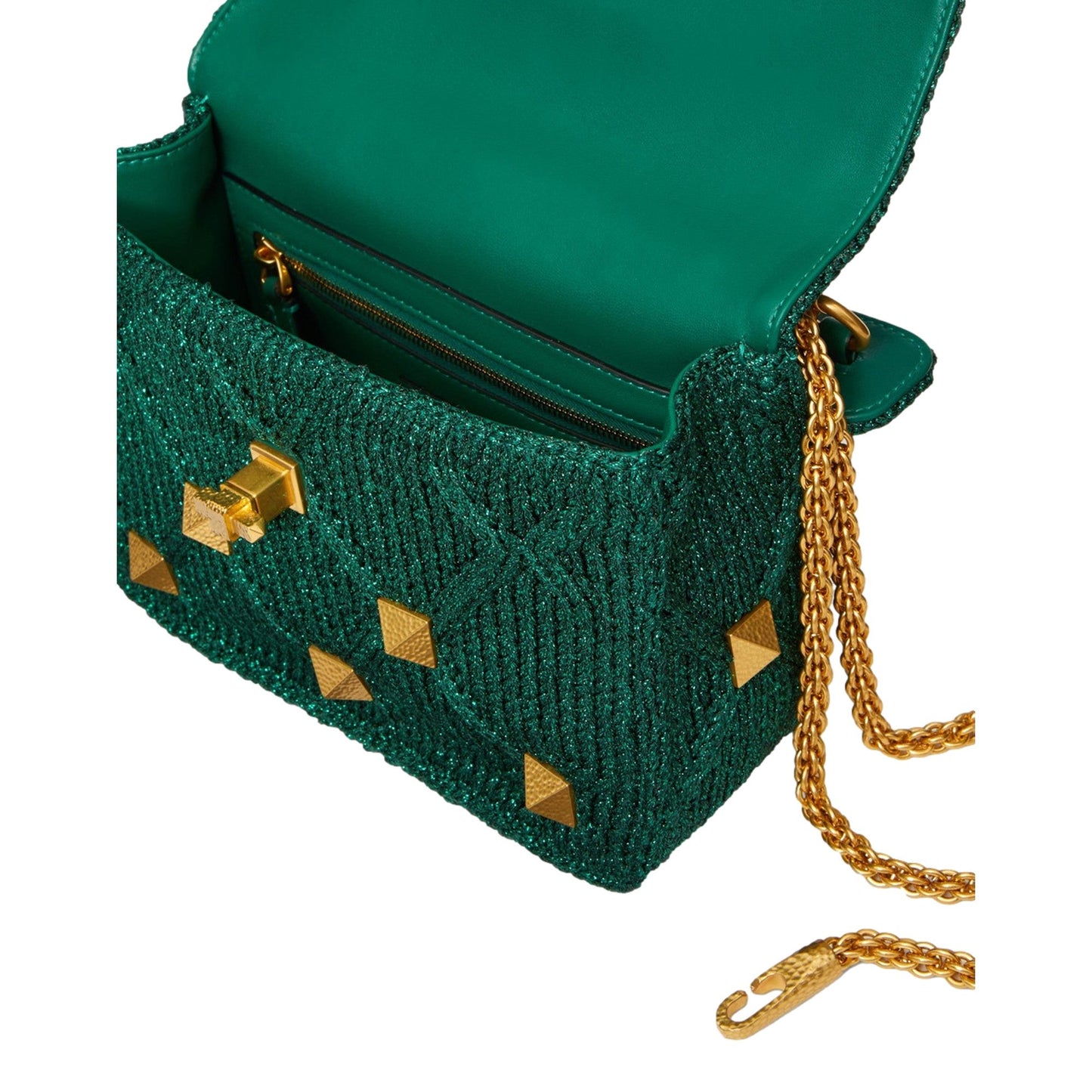 Valentino Garavani Roman Stud Medium Shoulder Bag Metallic Green Lurex