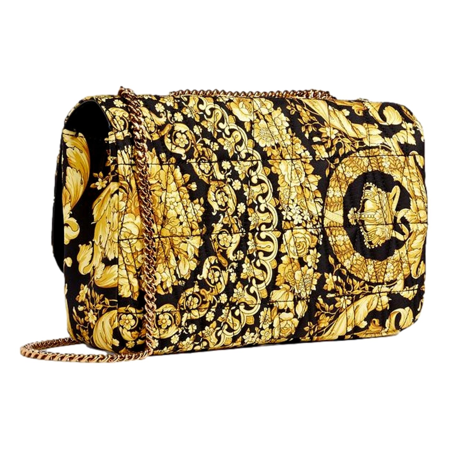 Versace Virtus Barocco Print Quilted Black and Gold Silk Shoulder Bag