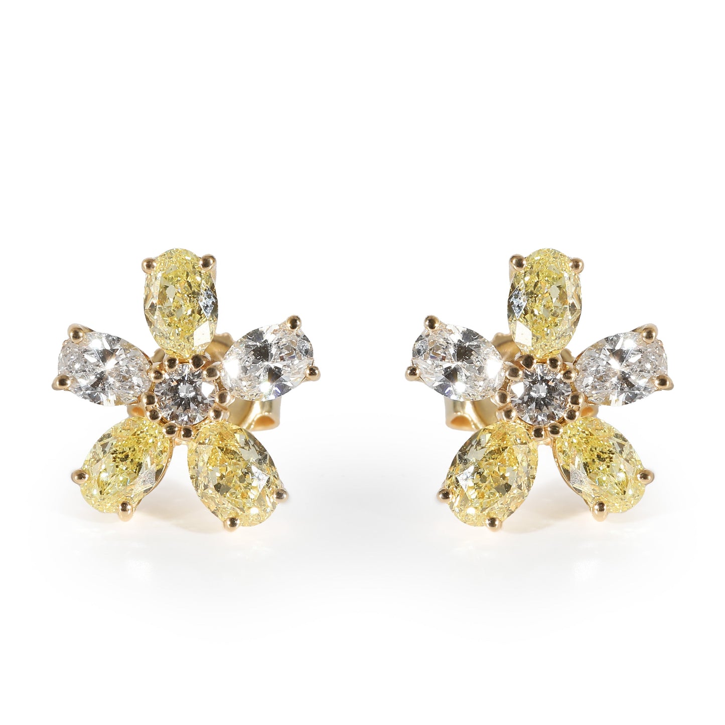 White & Fancy Yellow Diamond Flower Earrings in 18K Yellow Gold 2.14 ctw