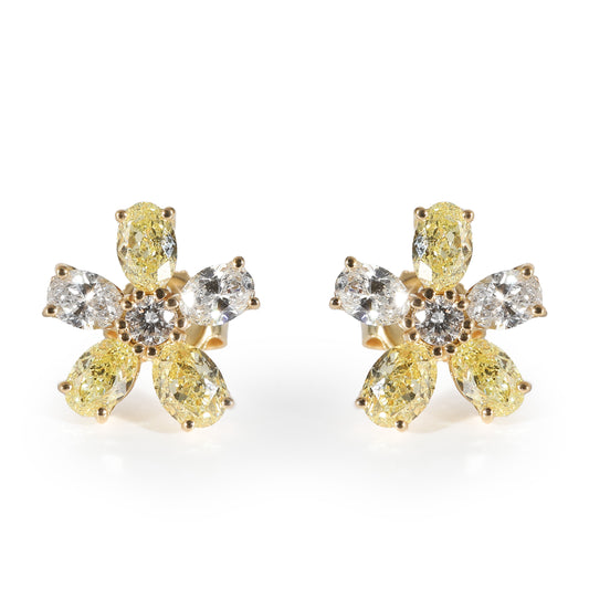 White & Fancy Yellow Diamond Flower Earrings in 18K Yellow Gold 2.14 ctw